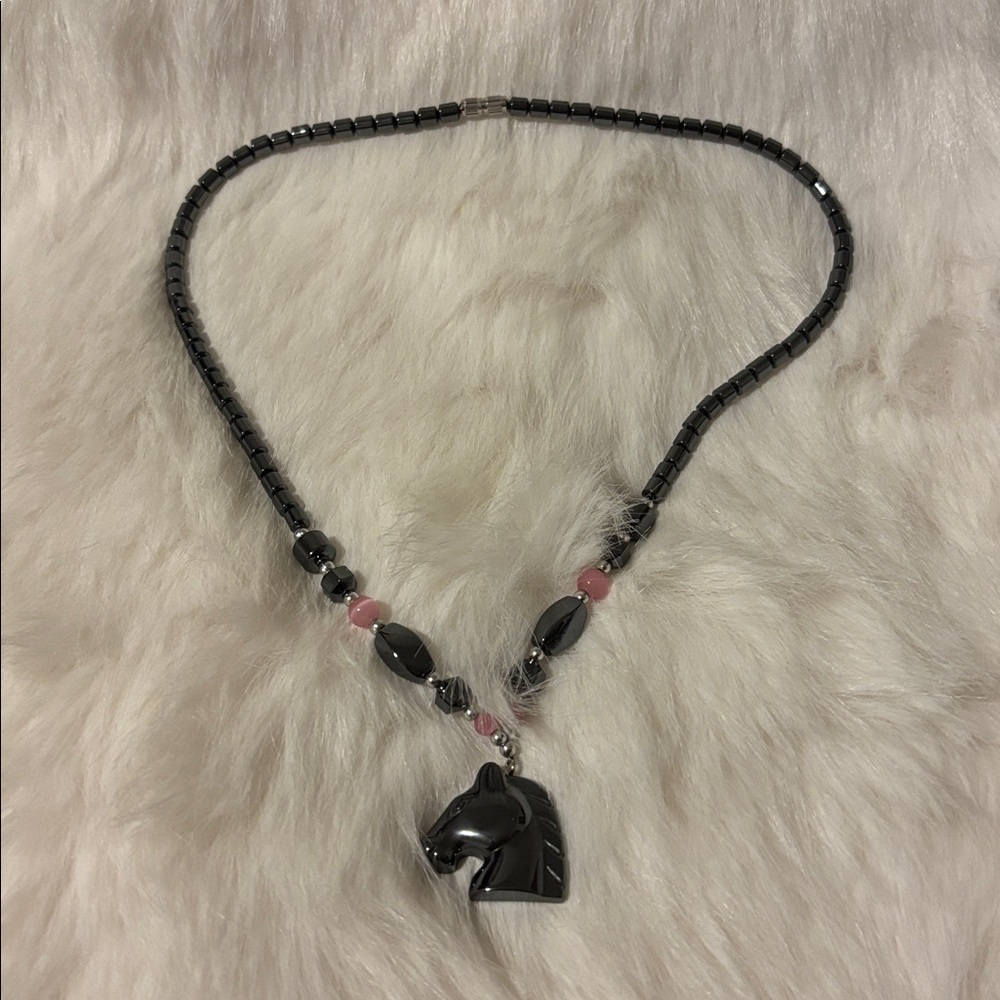 Black and Pink Beaded Necklace with Horse Pendant